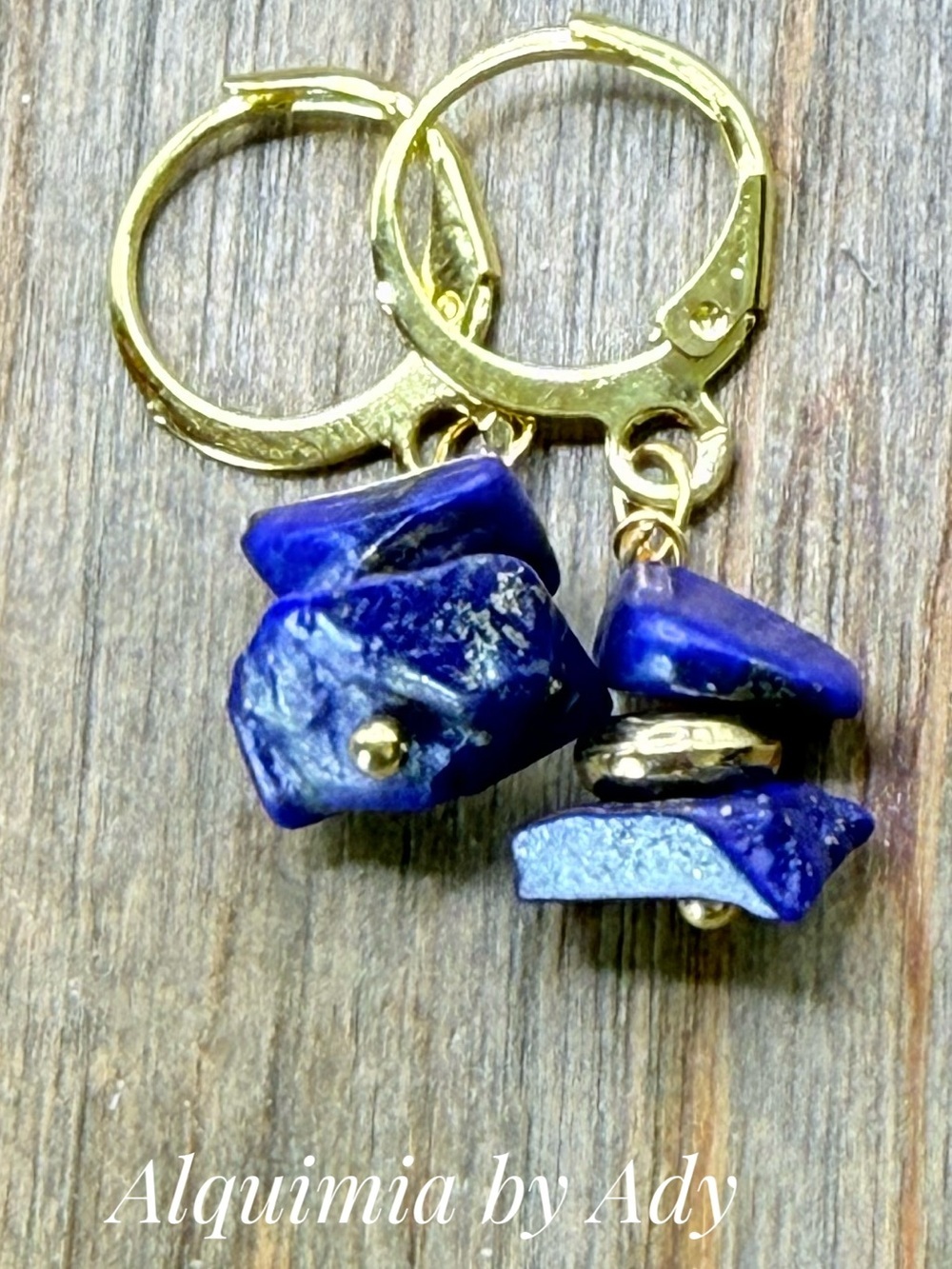 Gold Hoop Earrings with Deep Blue lapis Stone Chips